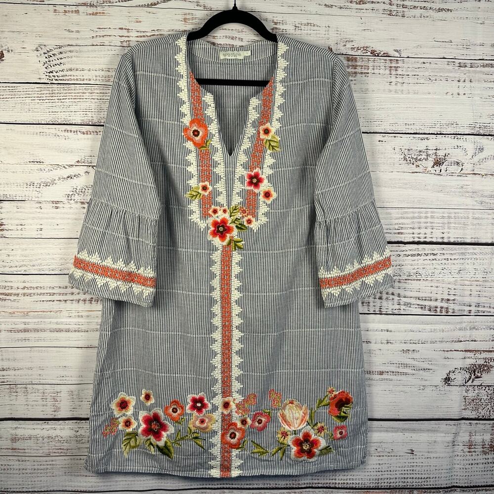 Womens Spartina 449 Cotton Blue Striped Floral Embroidered Shift Tunic Dress L
